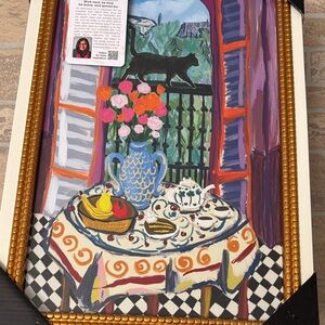 Sapna Shah Colorful Still Life Tabletop Painting with Balcony View black cat